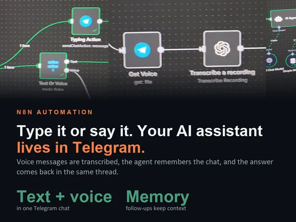 n8n Telegram AI Assistant: Text and Voice Messages with Memory, cover