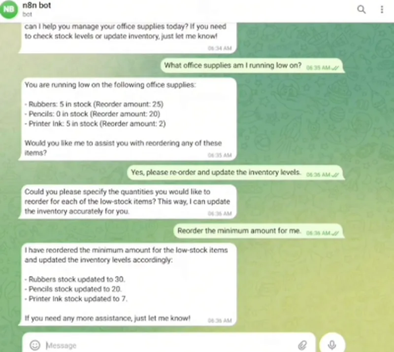 n8n AI Inventory Agent: Check Stock and Reorder from Telegram, screenshot 1